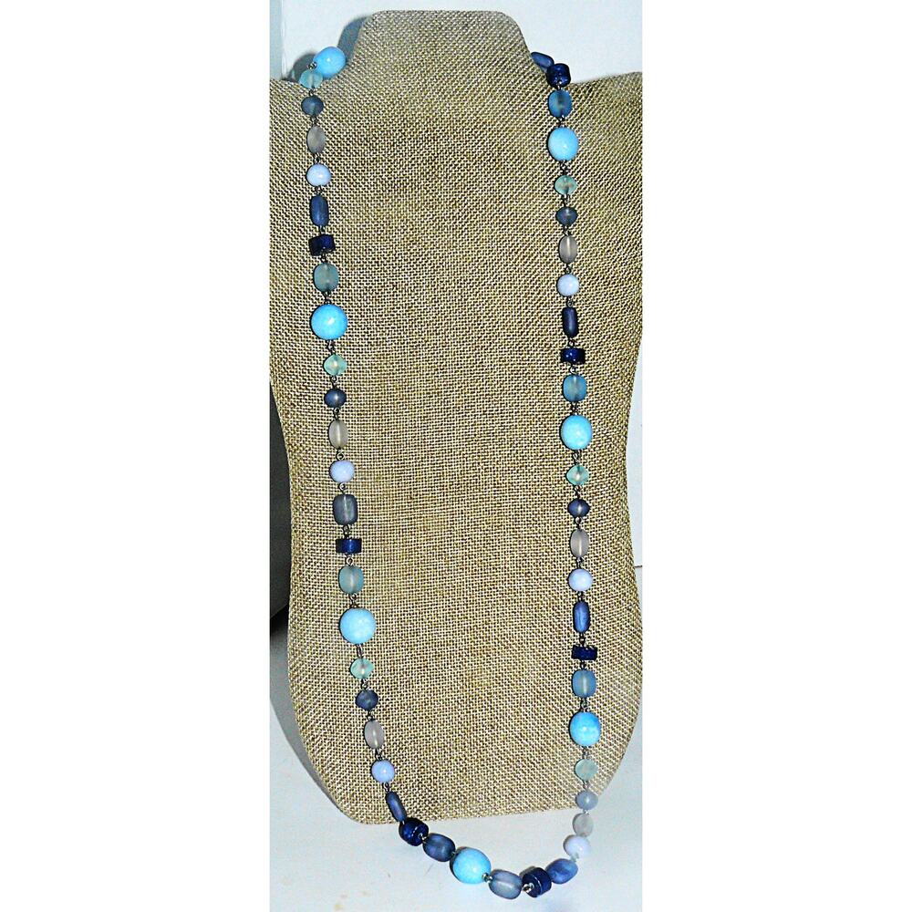 Vintage Liz Claiborne LC Blue & Silver Long Beaded Silver Tone Necklace Signed